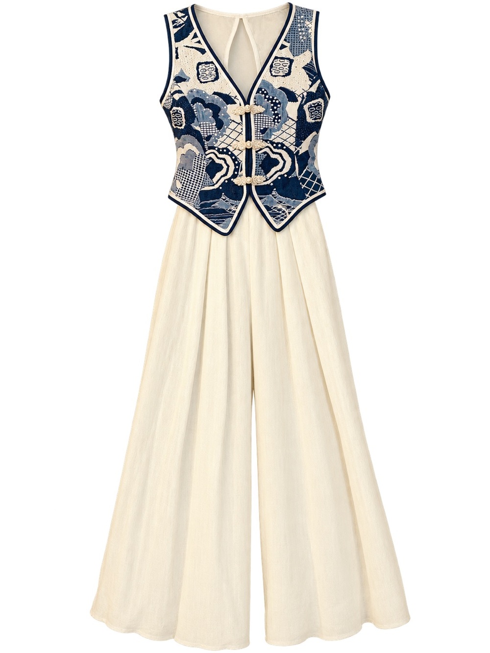 Vintage Tadashi Ivory Wide-Leg Jumpsuit with Navy Embroidered Vest Size 4